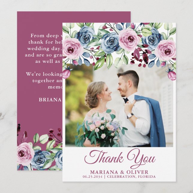 Wedding Photo Thank You Card Navy Blue Wine Floral (Front/Back)