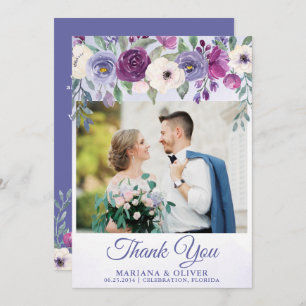 Wedding Photo Thank You Card Purple Fuchsia Floral