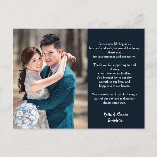 Wedding Photo Thank You Double Sided Navy Postcard (Back)