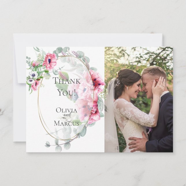 Wedding Photo Thank You  |  Watercolor Pink Poppy Card (Front)