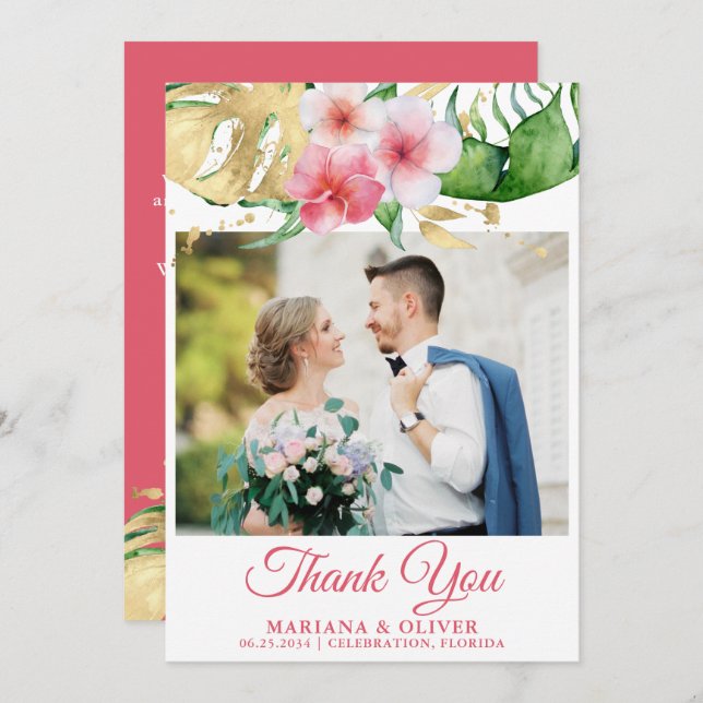 Wedding Photo Tropical Palms Floral Invitation (Front/Back)
