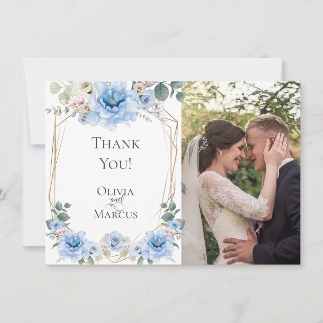 Wedding Photo | Watercolor Blue Peony Flowers Thank You Card (Front)