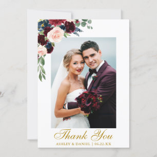 Wedding Photo Watercolor Burgundy Blue Floral Gold Thank You Card