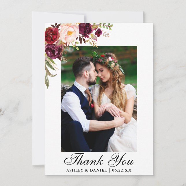 Wedding Photo Watercolor Floral Burgundy Thank You Card (Front)