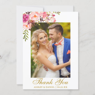 Wedding Photo Watercolor Pink Floral Gold Thank You Card