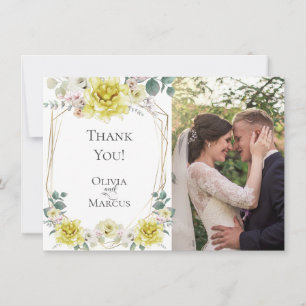 Wedding Photo   Watercolor Yellow Peony Flowers Thank You Card