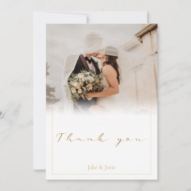Wedding photo white gradient, gold script wedding thank you card (Front)