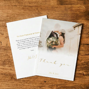 Wedding photo, white gradient, gold script wedding thank you card