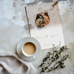 Wedding photo, white gradient, gold script wedding thank you card