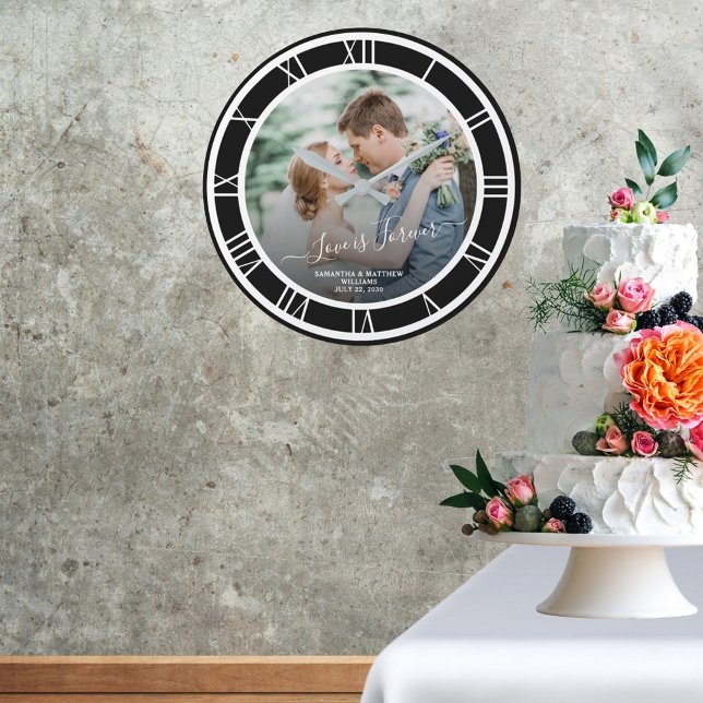 Wedding Photo White Roman Numeral Black BKG Round Large Clock (Wedding Photo White Roman Numeral Black BKG Round Large Clock)