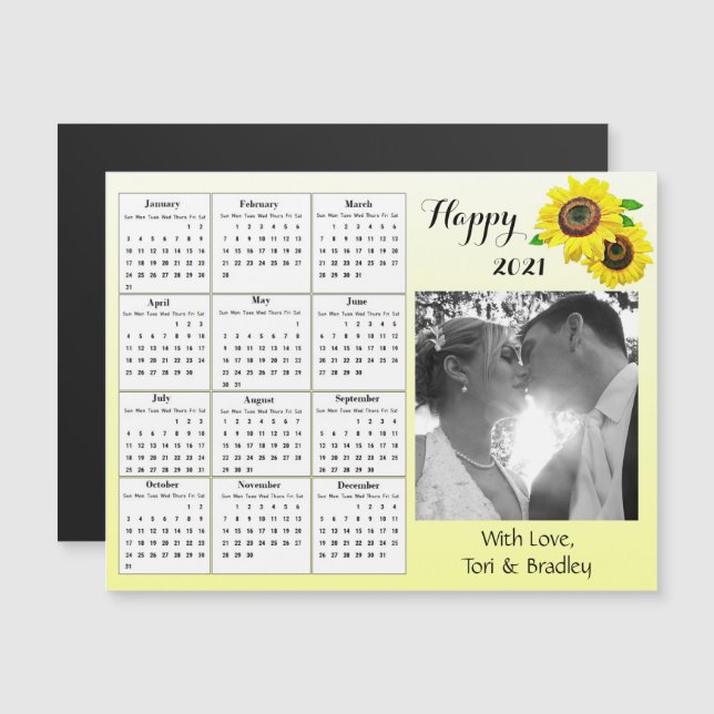 Wedding Photo Yellow Sunflowers Mini 2021 Calendar Magnetic Invitation (Front/Back)