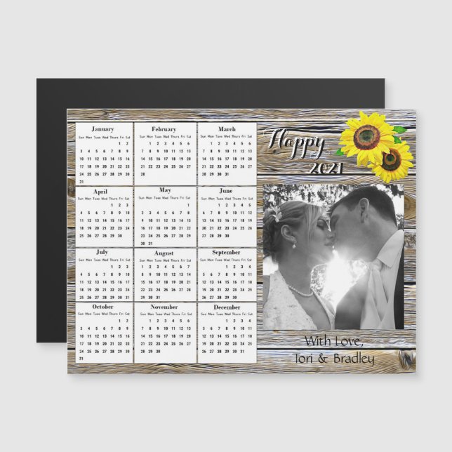 Wedding Photo Yellow Sunflowers Mini 2021 Calendar Magnetic Invitation (Front/Back)
