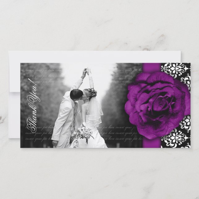 Wedding Photocard Purple Rose Damask Black White Thank You Card (Front)