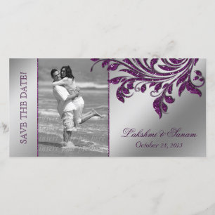 Wedding Photocard Save the Date Leaf Purple Silver