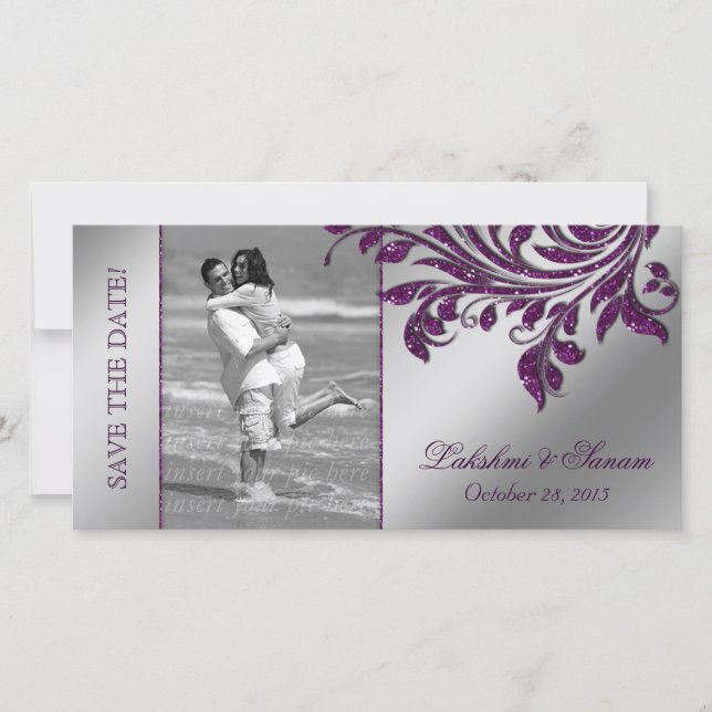 Wedding Photocard Save the Date Leaf Purple Silver (Front)