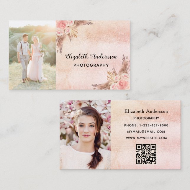 Wedding photographer pampas grass QR code Business Card (Front/Back)