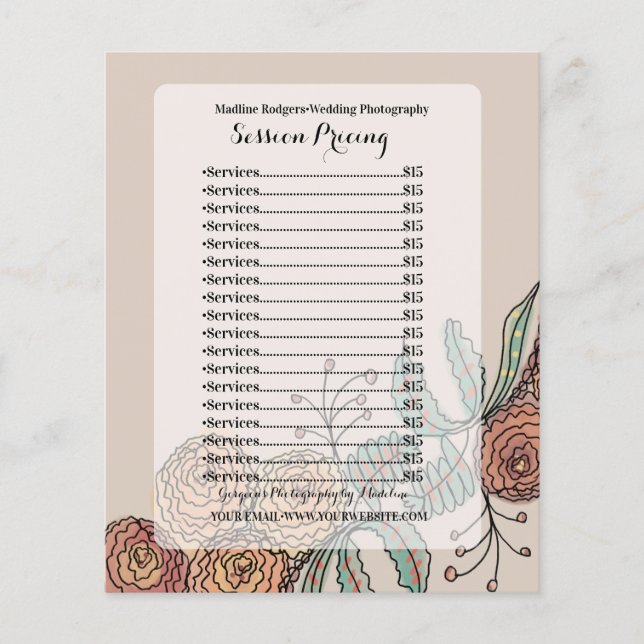 Wedding Photography Session Floral Pricing List Flyer (Front)