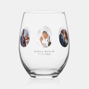 Wedding Photos Black Typography Stemless Wine Glass
