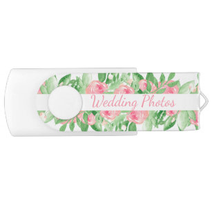Wedding Photos Pink White Pretty Watercolor Floral USB Flash Drive