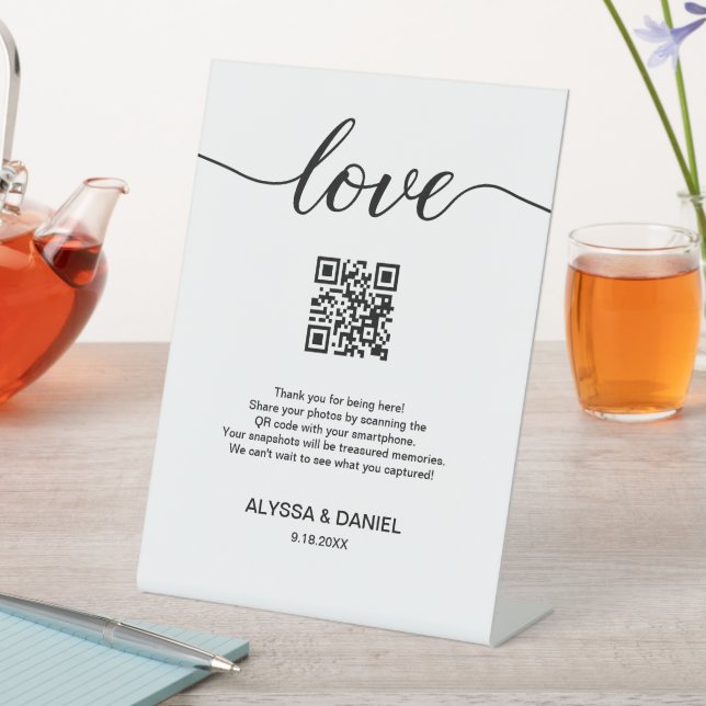 Wedding Photos share QR code Love Script Pedestal Sign (In SItu)