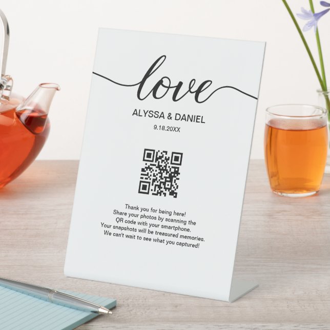 Wedding Photos share QR code Love Script Pedestal Sign (In SItu)