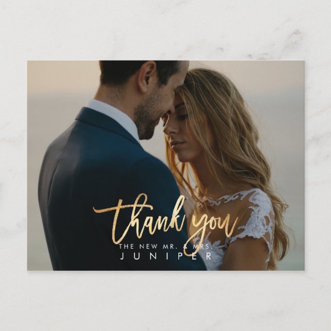 Wedding Photos Thank You Faux Gold Announcement Postcard (Front)
