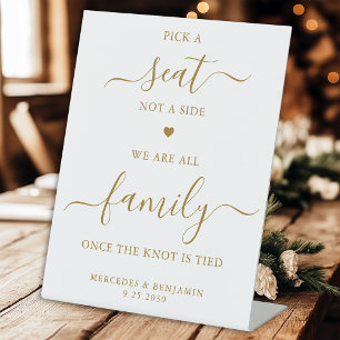 Wedding Pick A Seat Not A Side Personalised Gold Pedestal Sign