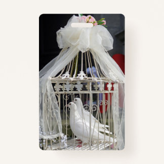 Wedding pigeon waiting for bride ID badge