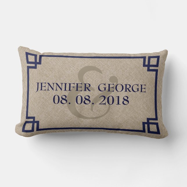 Wedding Pillow Beige Linen & Blue Frame (Front)