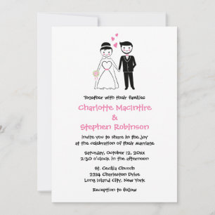 Wedding Pink And Black Cartoon Bride And Groom Invitation