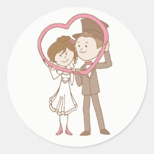 Wedding Pink And Brown Cartoon Bride Groom Classic Round Sticker