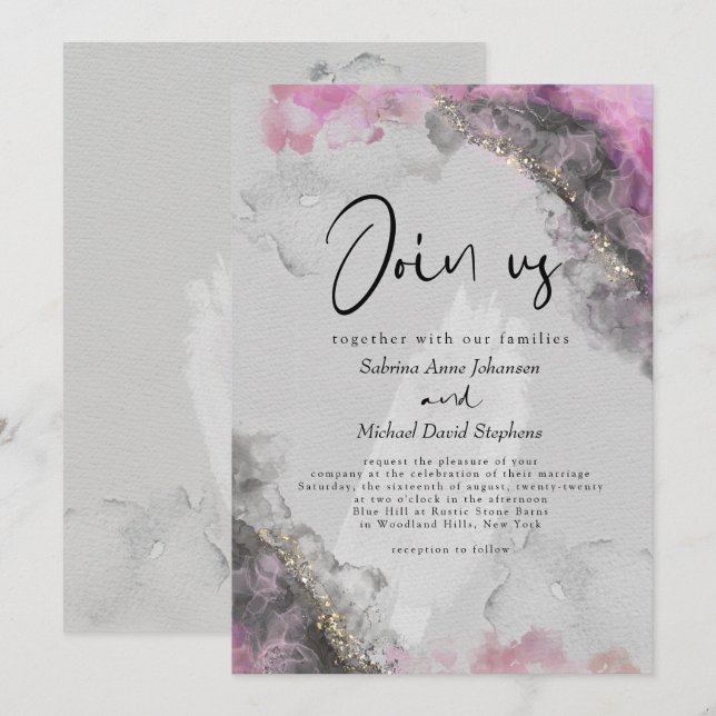 WEDDING | Pink and Onyx Abstract Alcohol Ink Invitation (Front/Back)