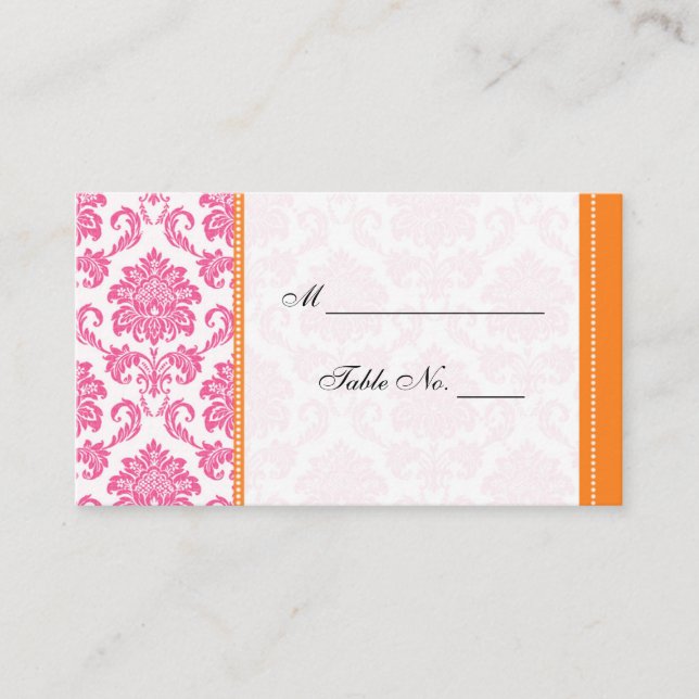 Wedding Pink and Orange Damask Table Place Card (Front)