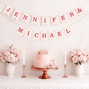 Wedding Pink and Red Bride and Groom Names Simple Bunting