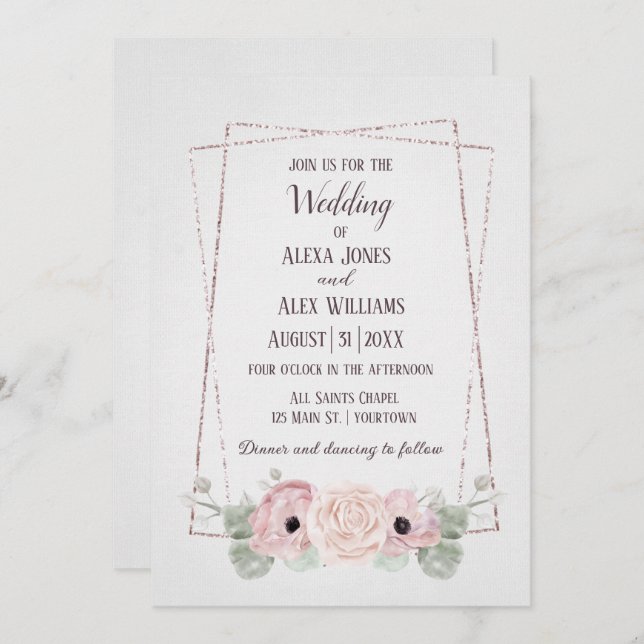 Wedding Pink Anemone and Glitter Frame  Invitation (Front/Back)