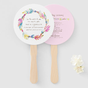 Wedding pink boho feather and beads program fans