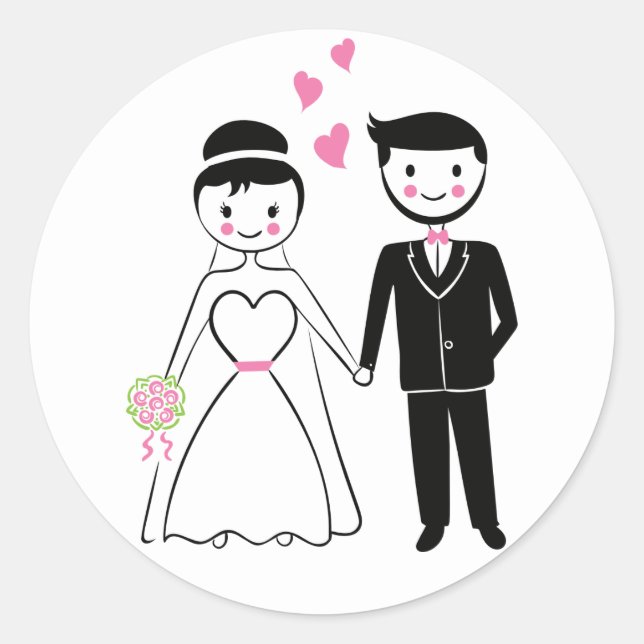 Wedding Pink  Bride & Groom Cartoon Just Married Classic Round Sticker (Front)