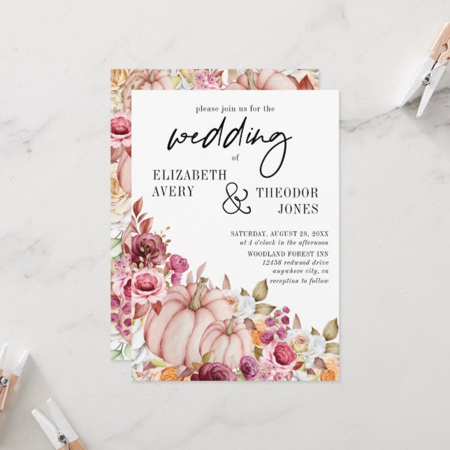 Wedding Pink Burgundy Autumn Pumpkin Floral  Invit Invitation (Front/Back In Situ)