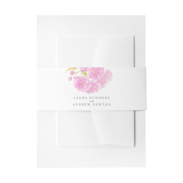 Wedding pink cherry blossom watercolor personalise invitation belly band (Front Example)