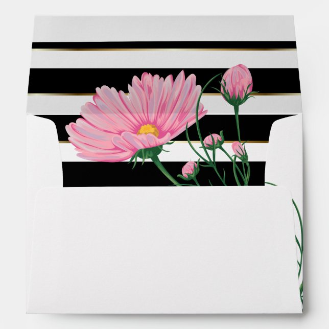 Wedding Pink Chrysanthemum Black White Stripes Envelopes (Back (Bottom))