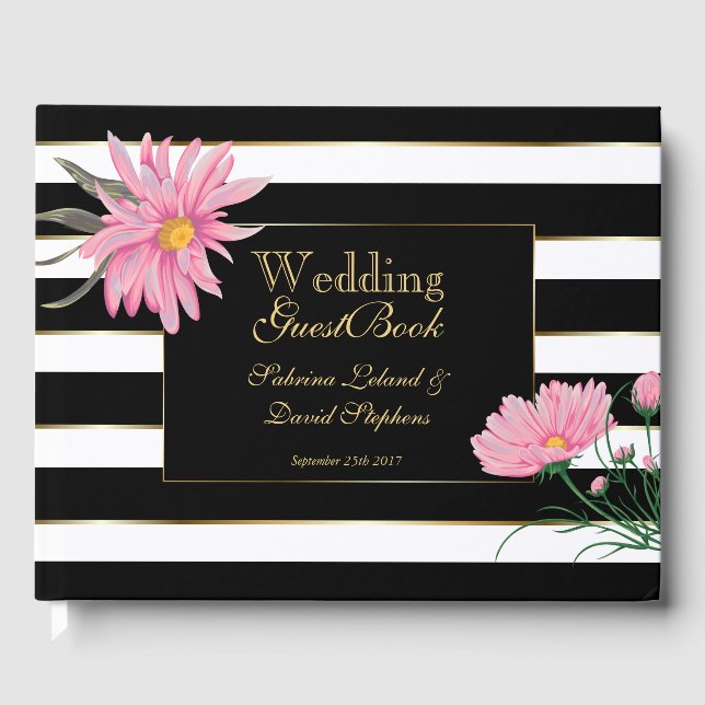 Wedding Pink Chrysanthemum Black White Stripes Guest Book (Front)