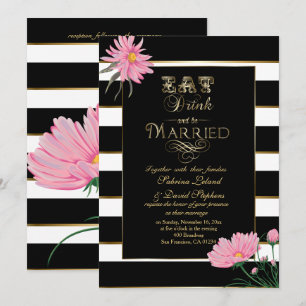 Wedding Pink Chrysanthemum Black White Stripes Invitation