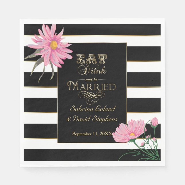 Wedding Pink Floral Bold Black and White Stripes Napkin (Front)