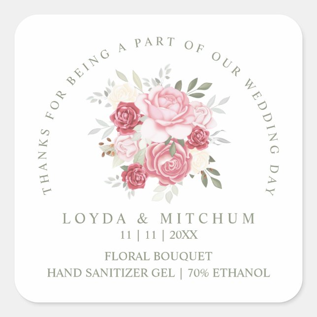 Wedding Pink Floral Bouquet Wedding Sanitizer Gel Square Sticker (Front)