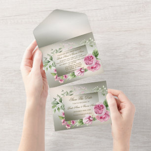 Wedding Pink Floral Frame Watercolor Shiny Bronze All In One Invitation