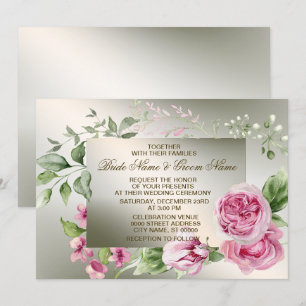 Wedding Pink Floral Frame Watercolor Shiny Bronze Invitation