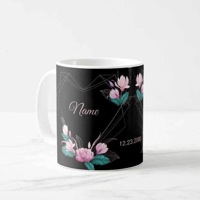 Wedding Pink Floral Golden Geometric Elegant Black Coffee Mug (Front Left)
