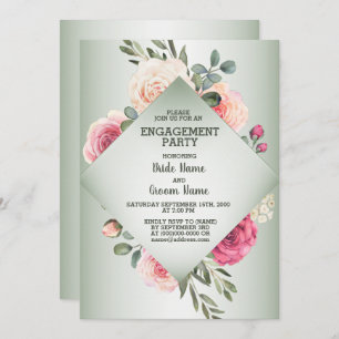 Wedding Pink Floral Rustic Green Engagement Party Invitation