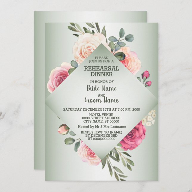 Wedding Pink Floral Rustic Green Rehearsal Dinner Invitation (Front/Back)