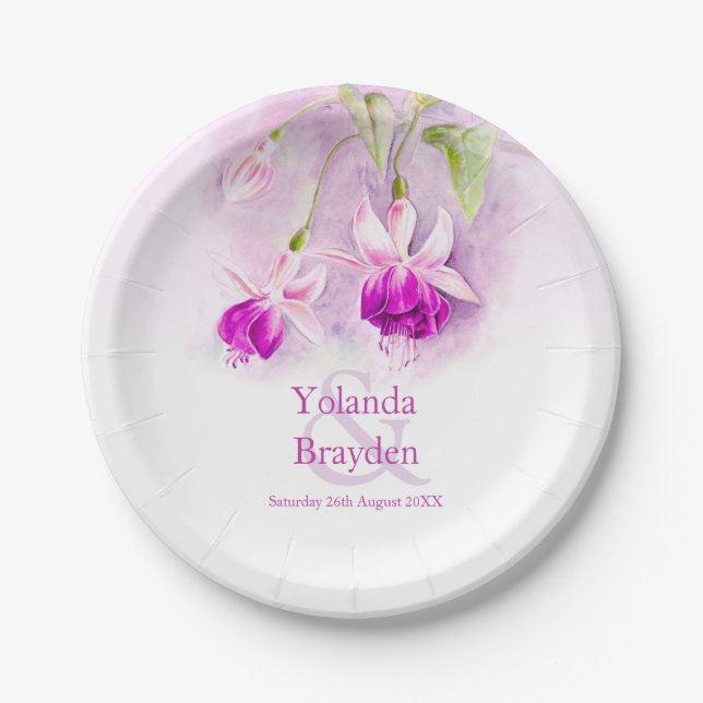 Wedding pink fuchsia watercolor art paper paper plate (Front)